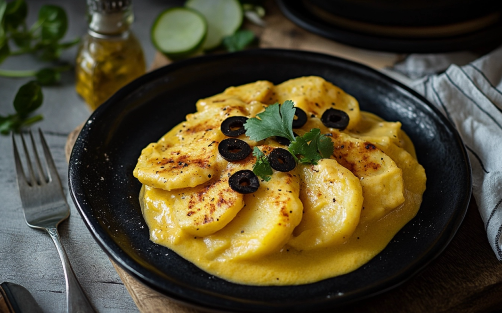 "Plate of Papas a la Huancaína - Peruvian boiled potatoes with creamy cheese sauce and garnished with olives and parsley."