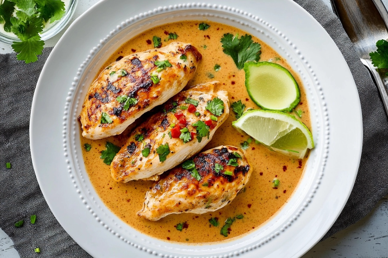 Pechuga de pollo con crema de cilantro servida en un plato con guarnición de cilantro fresco.