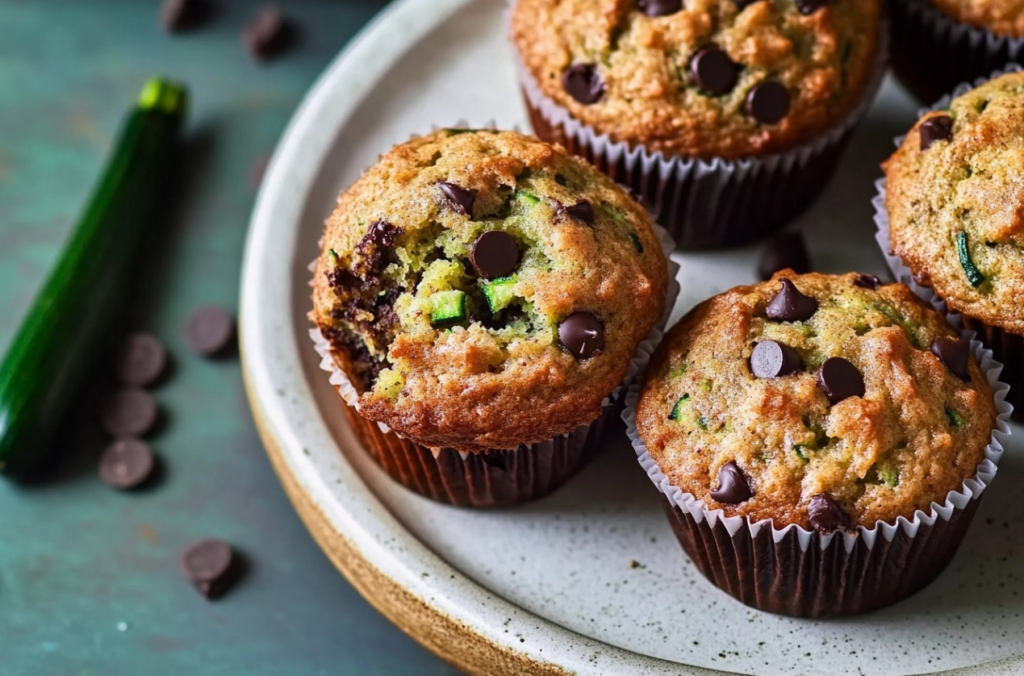 Muffins de calabacín con chips de chocolate recién horneados en una bandeja.