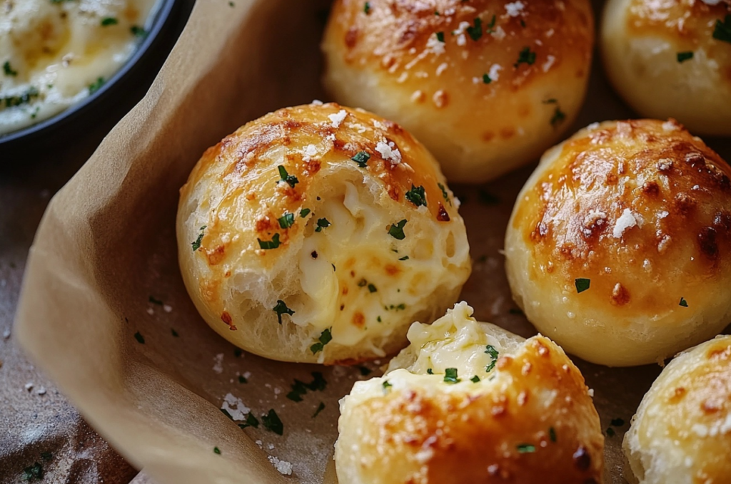 Bombas de queso doradas rellenas de queso mozzarella y cubiertas con mantequilla de ajo.