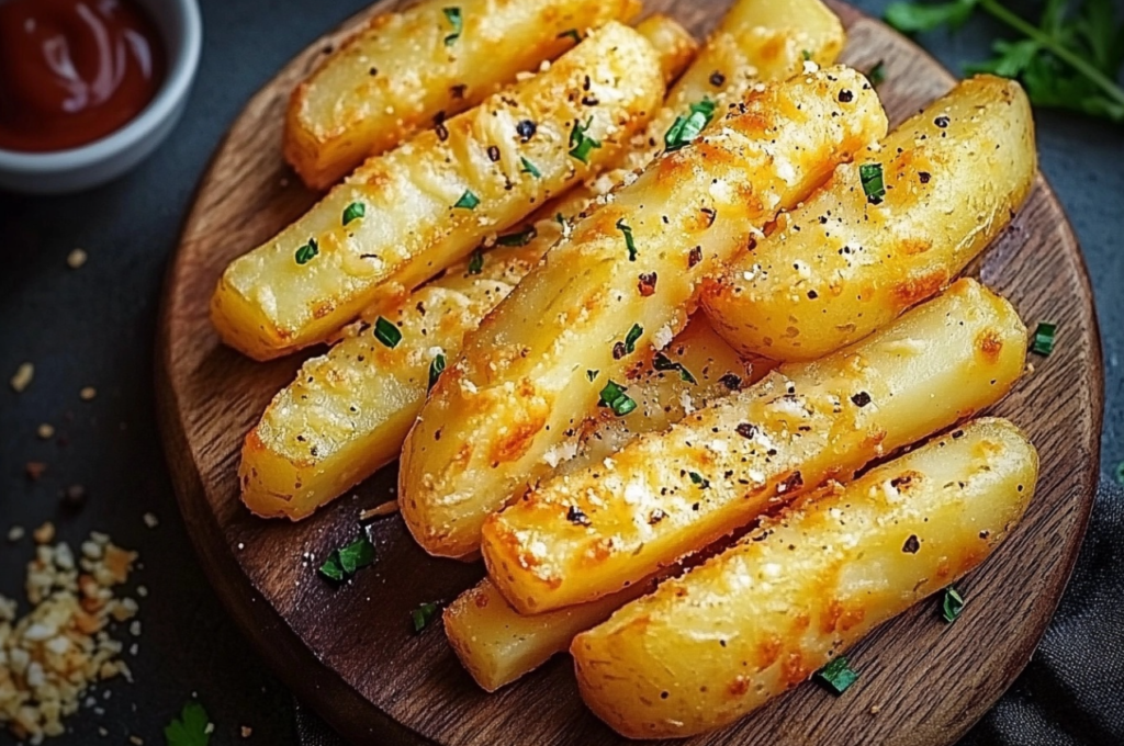 Palitos de papa y queso crujientes en un plato, dorados y listos para disfrutar.