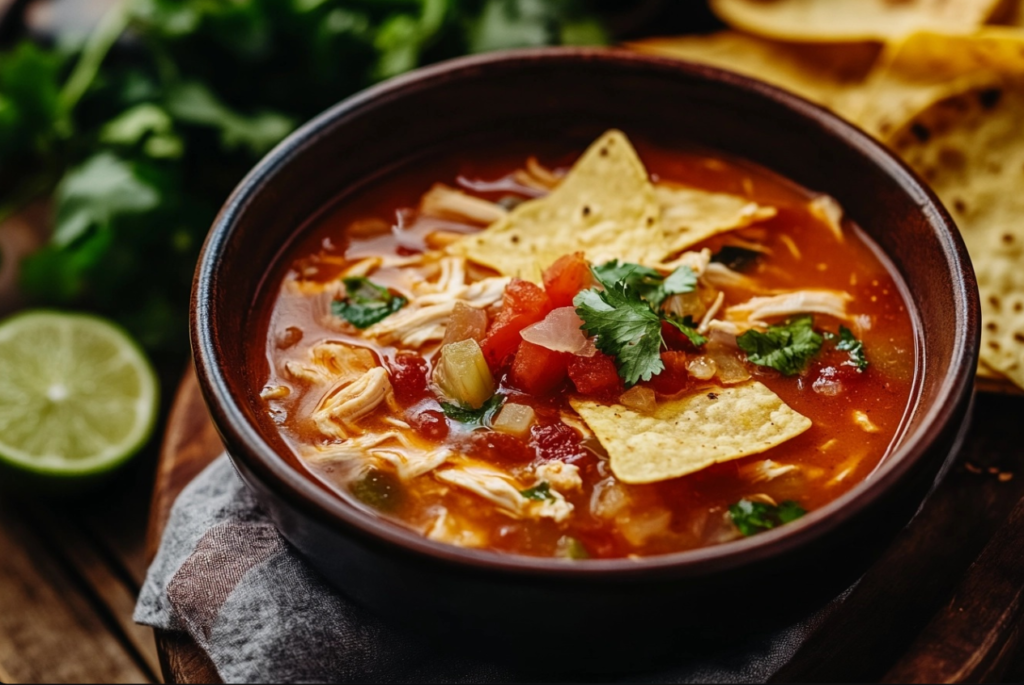 A bowl of homemade chicken tortilla soup garnished with avocado slices, shredded cheese, and crispy tortilla strips.