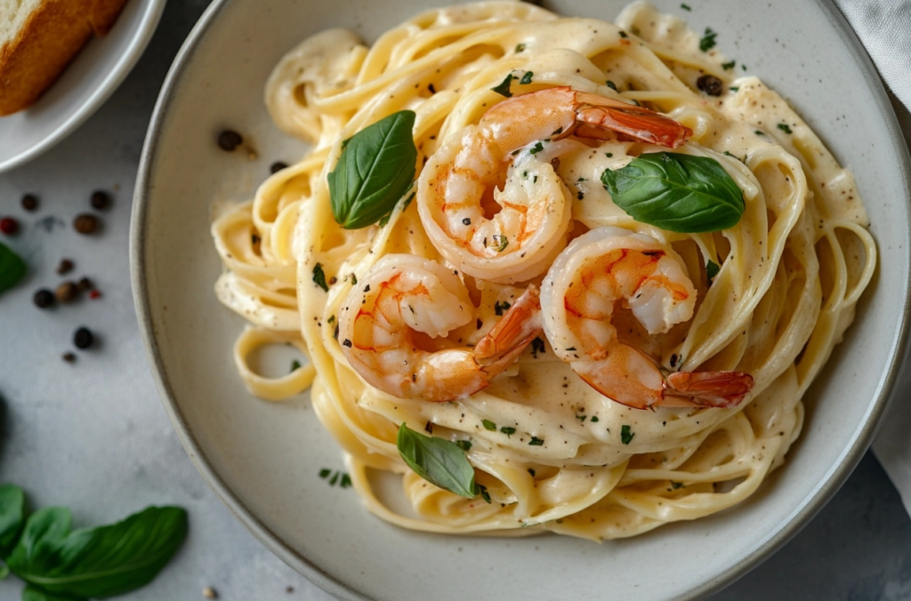 Un plato de pasta cremosa con camarones y ajo, adornado con parmesano rallado y perejil fresco.