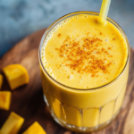 Vibrante Batido Tropical de Cúrcuma con frutas frescas en un vaso