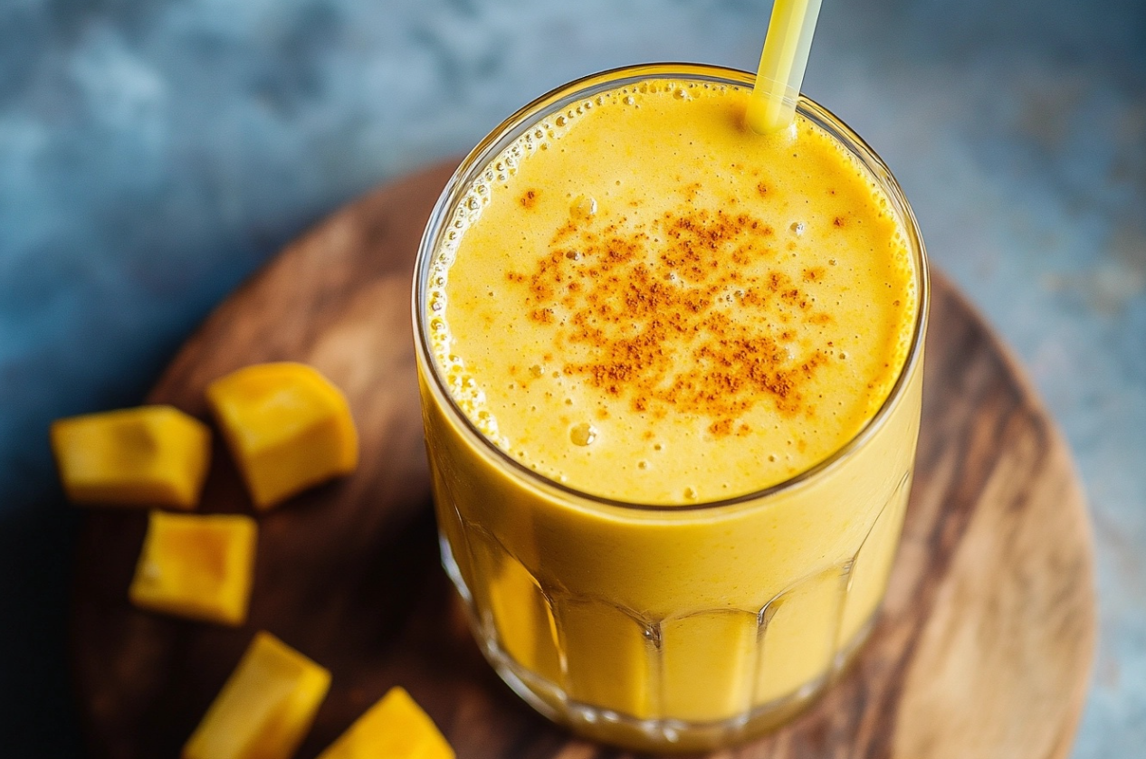 Vibrante Batido Tropical de Cúrcuma con frutas frescas en un vaso