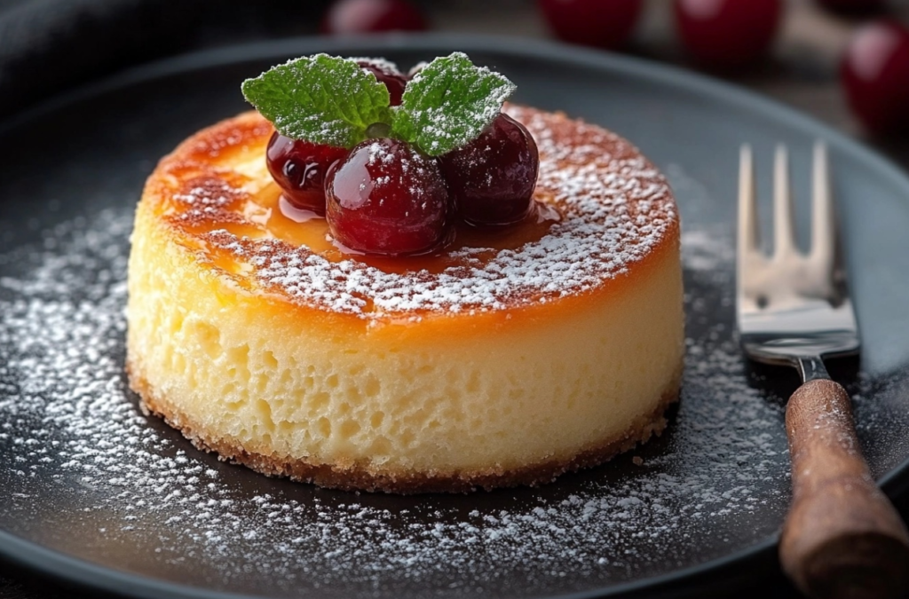 Soufflé Cheesecake japonés esponjoso y ligero en un plato blanco