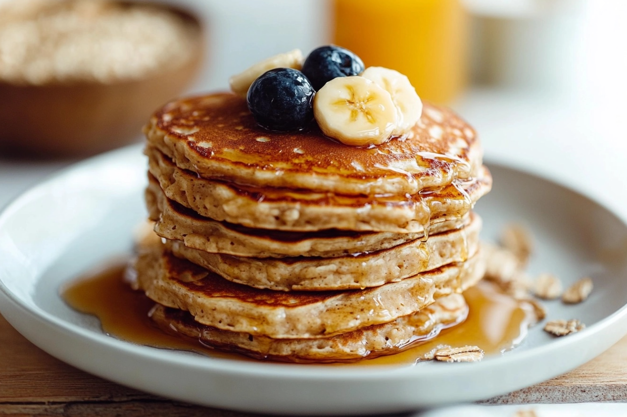 Tortitas de avena saludables servidas en un plato con frutas frescas y jarabe de arce.