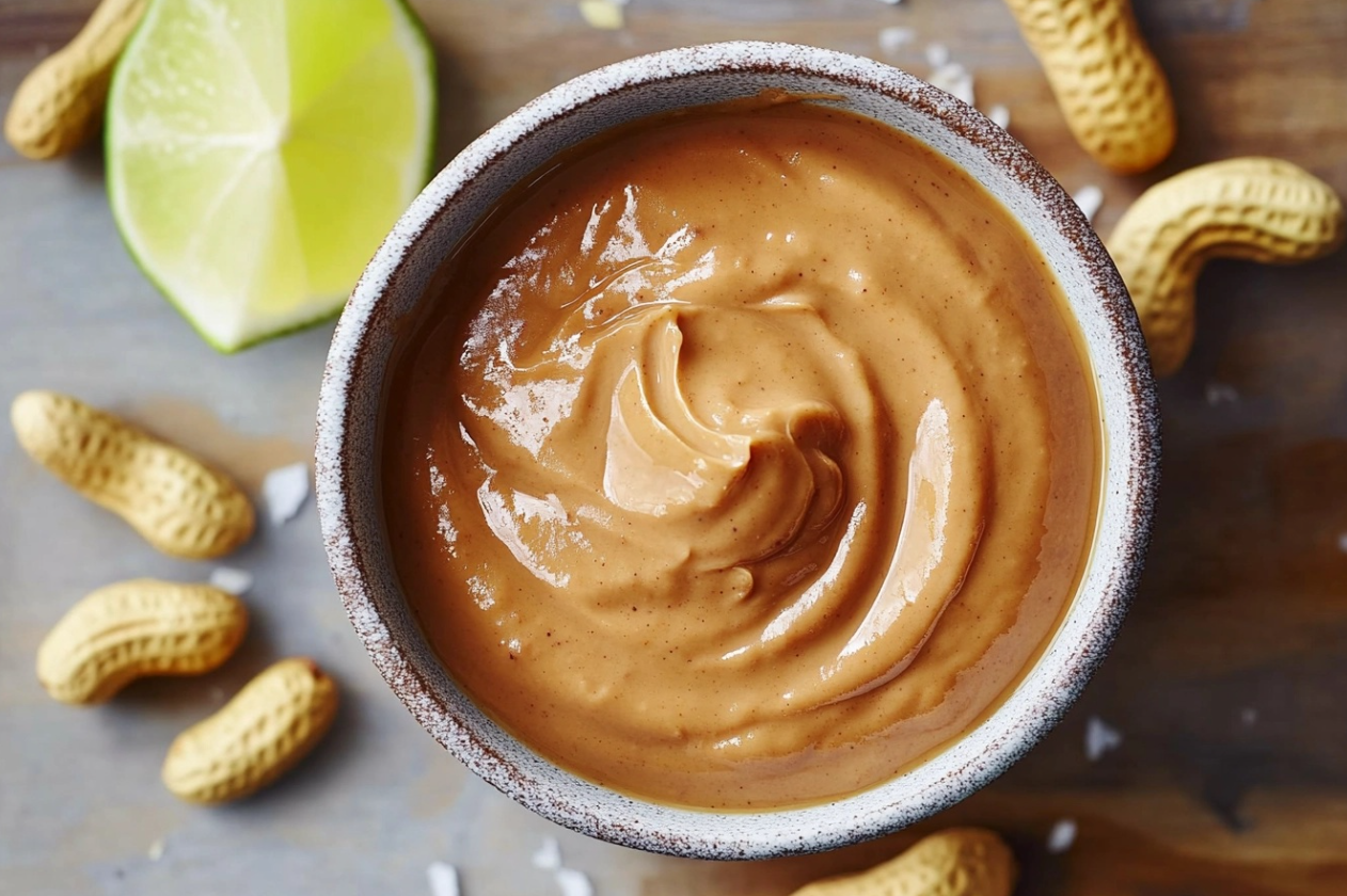 Primer plano de salsa de maní cremosa en un tazón con ingredientes frescos alrededor.