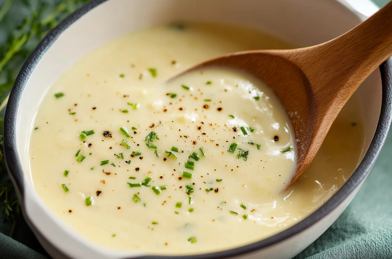 Salsa bechamel cremosa en una cacerola con cuchara de madera