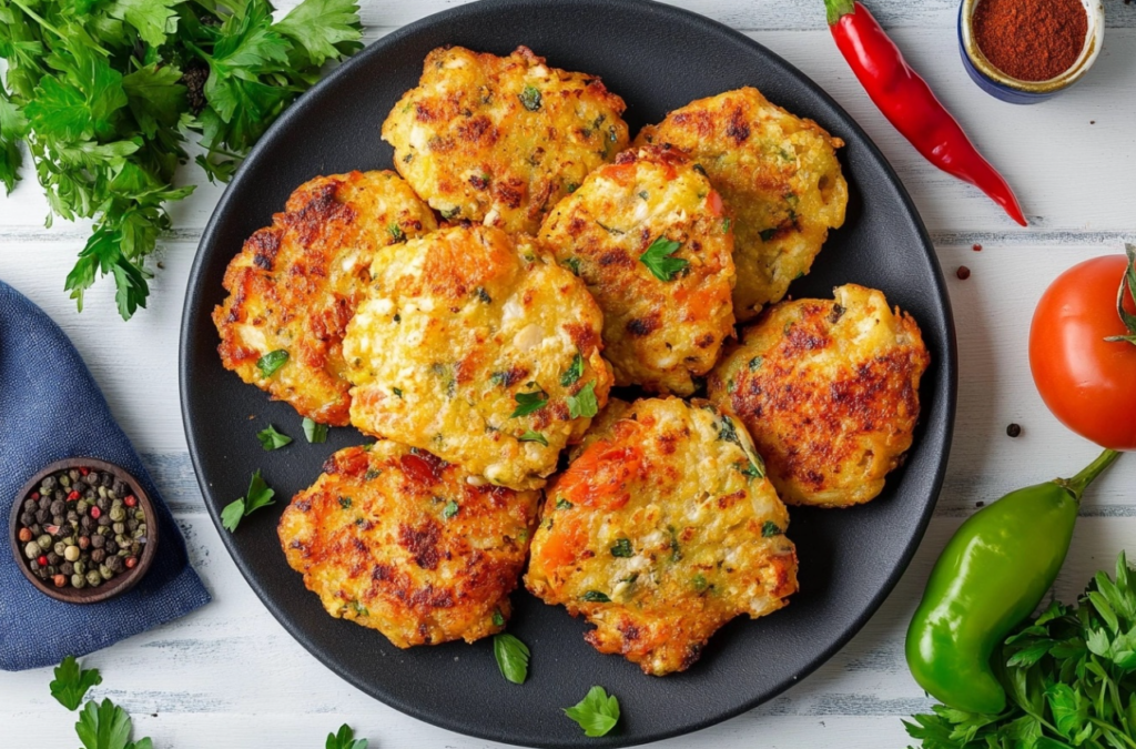 Tortitas de pollo crocantes doradas y crujientes en un plato blanco.