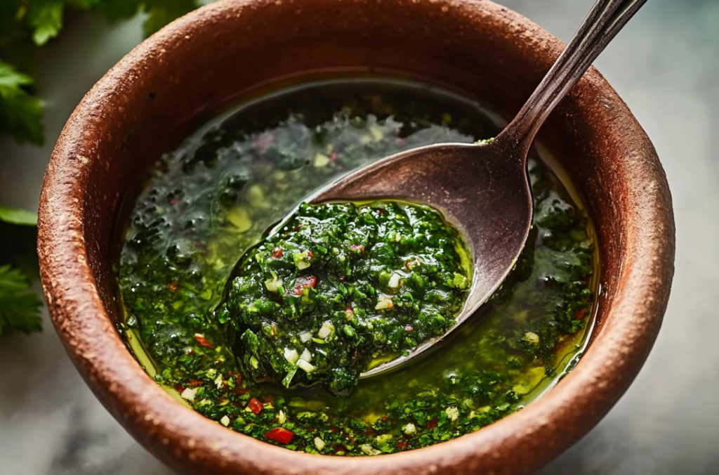 Salsa chimichurri auténtica servida en un tazón junto a una parrilla.