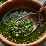 Salsa chimichurri auténtica servida en un tazón junto a una parrilla.