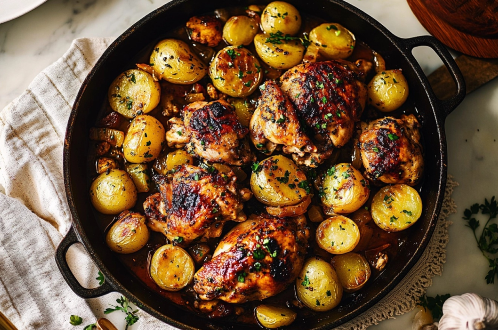 Muslos de pollo al horno con patatas doradas