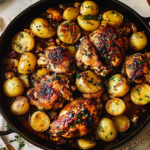 Muslos de pollo al horno con patatas doradas