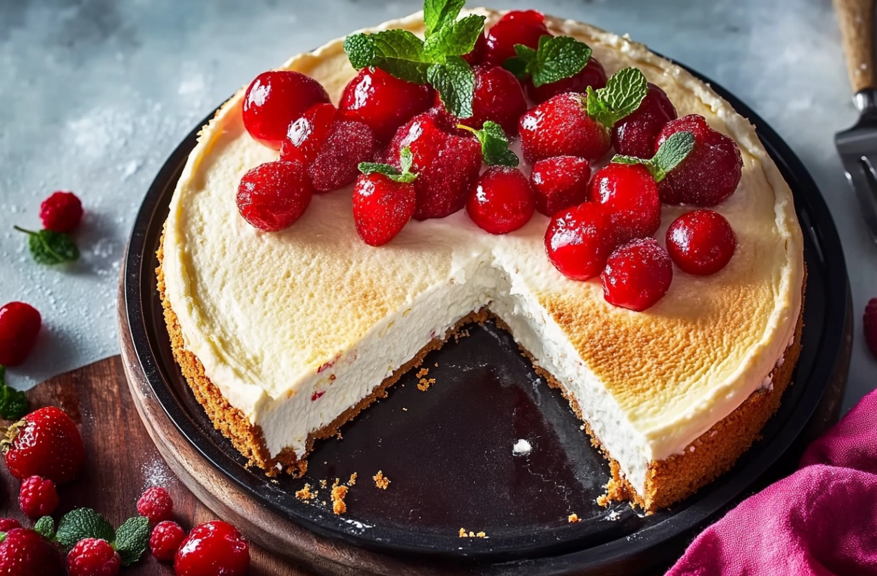 Cheesecake sin horno con cobertura de frutas frescas.