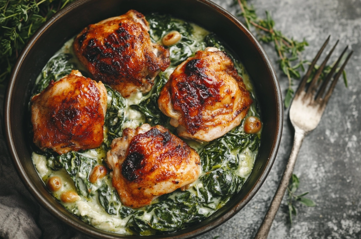 Smoked Paprika Chicken served with creamy spinach on a white plate.